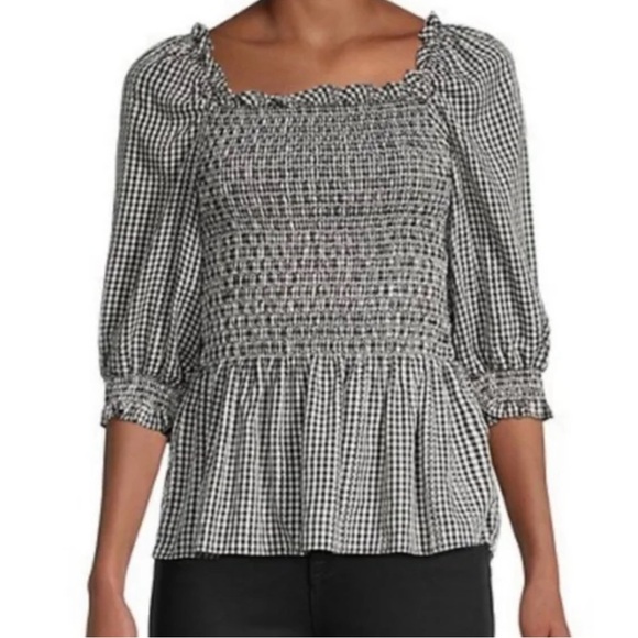 MAX STUDIO / SMOCKED BALLOON SLEEVE PEPLUM BLOUSE / SMALL / RED + CREAM - Picture 3 of 3